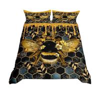 Gold Honey Bee Bedding Sets Single Black Marble Comforter Cover, Wildlife Animal Bed Set Metallic Honeycomb Duvet Cover, Golden Glitters Sequins Quilt Cover Black Gold Decor (Zipper Closure)