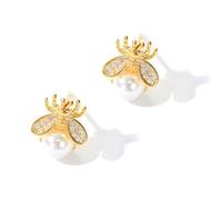 Gold Honeybee Stud Earrings Cute Bumble Bee Pearl Studs Earrings for Women Teen Girls