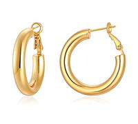 Gold Hoop Earrings for Women 14K Gold Plated Chunky Hoops Hypoallergenic Lightweight Hollow Tube Earrings, Copper, Gold, un-known