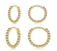 Gold Hoops Earrings for Women| 2 Pairs Small Sterling Silver Post Beaded Huggie Earrings| Hypoallergenic Tiny Cartilage Sleeper Cuff Jewelry for Men Ladies Girls, 8mm 10mm
