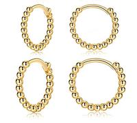 Gold Hoops Earrings for Women| 2 Pairs Small Sterling Silver Post Beaded Huggie Earrings| Hypoallergenic Tiny Cartilage Sleeper Cuff Jewelry for Men Ladies Girls, 10mm 12mm
