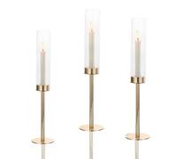 Gold Hurricane Candle Holders,Candlestick Holder with Ribbed Glass Cylinder Tall Holders,3 Pcs Taper Candle Holder for Holders for Wedding,Christmas Dining Mantel Fireplace Decoration