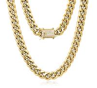 GOLD IDEA JEWELRY 14k Gold Plated Stainless Steel Thick Miami Cuban Link Chain with Lab Diamond Clasp Men's Hip Hop Necklace or Bracelet