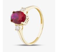 Gold Impression 9ct Yellow Gold Oval Cut Red Cubic Zirconia Three Stone Ring RBE045R-L