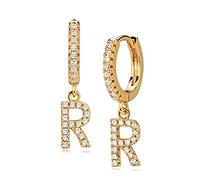 Gold Initial Earring 14K Gold Plated Dainty Tiny Diamond Cubic Zirconia Inlay Alphabet Letter Charm Drop Dangle Huggie Hoop Earrings Delicate Jewelry, gold-plated-brass, Cubic Zirconia
