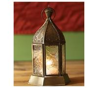 Gold Iron & Textured Glass Tealight Holder Tabletop Lamp Ramadan Decor Lantern Moroccan Antique Brass Finish