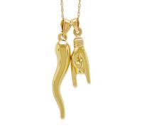 Gold Italian Horn with Hand Sign Pendant - 10 Karat Gold - 3D Good Luck Hand Sign - Italian Mano Cornuto Hand Symbol - Cornicello Charm Pendant - Multiple Sizes to Choose From, 16 Inch Gold Chain