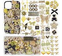 Gold Junk Case Charms Kit,Big Junk Charms Bulk, Bling Flat Back Charm for Junk Socks,Sparkly Rhinestone Star Cross Jewelry Making Charm Punk Aesthetic Big Decor for Customizing Case DIY Craft