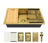 Gold Kitchen Sink Workstation, 32"x 18" Stainless Steel Single Bowl Kitchen Sink Workstation Undermount Or Top mount Workstation Sink With Matching Gold-tone Accessories For Luxurious Modern Kitchen