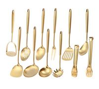 Gold Kitchen Utensils Set, 12 PCS Brass Matte Serving Utensils, 18/10 Stainless Steel All Metal Cooking Tools - Potato Masher, Tongs, Meat Fork, Spatula, Turner, Ladle, Skimmer, Spaghetti Spoon Set
