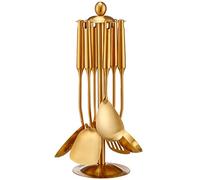 Gold Kitchen Utensils Set with Stand - 7 Piece 304 Stainless Steel Brass Cooking Tools with Rotating Holder, Spatula, Slotted Turner, Ladle, Skimmer, Pasta Server, Large Rice Spoon