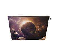 Gold Large Leather Travel Toiletry Bag - Reusable Cosmic Shining Planet Print Portable Cosmetic Makeup Organizer Pouch with Zipper