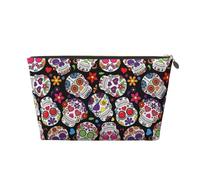 Gold Large Leather Travel Toiletry Bag - Reusable Dead Sugar Horror Skull Print Portable Cosmetic Makeup Organizer Pouch with Zipper