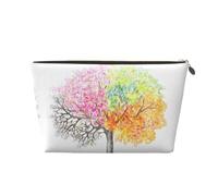 Gold Large Leather Travel Toiletry Bag - Reusable Four Seasons Spring Tree Print Portable Cosmetic Makeup Organizer Pouch with Zipper