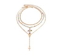 Gold Layered Lariat Necklace for Women Cross Turquoise Sun Crystal Pendant Statement Necklace Gold Long Chain Stacking Necklace Boho Jewelry Gifts, L, Metal, No Gemstone