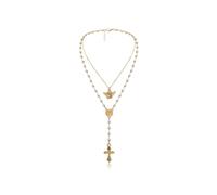 Gold Layered Necklace for Women, Cross Y-shaped Necklace Angel Wings Pendant Necklace White Pearl Bbead Necklace Cherub Charm Necklace Adjustable, Gold Plated, artificial pearl