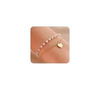 Gold Layered Pearl Heart Bracelet for Women,Dainty Charming Bohemian Beaded Statement Bracelet,Trendy Wedding Brides Bridesmaids Jewelry Accessories, L, Alloy Steel, no gemstone
