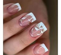 Gold Leaf Acrylic Stick On Nails Tips 24Pcs Set Of Short Square False Nails For Elegant Look Prom Nails Accessories