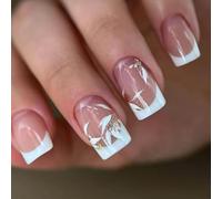 Gold Leaf Acrylic Stick On Nails Tips 24Pcs Set Of Short Square False Nails For Elegant Look Prom Nails Accessories