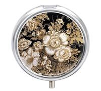 Gold Leaf Flowers Pill Box 3 Compartment Small, Personalized Pill Organizer with Mirror, Portable Pill Case for Pocket Or Purse, Round Pill Containe Travel Gifts, Pill Holder