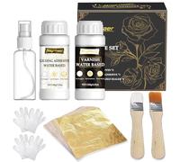 Gold Leaf Kit, Gilding Adhesive Set, Water Based Adhesive and Varnish with Gold Leaf Sheet 100 Pcs for Craft, Painting and Arts
