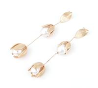 Gold Leaf Pearl Bud Dangle Earrings Long Linear Floral Drop Earrings with Faux Pearl Textured Metal Leaf Bridal Earrings for Women