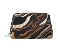 Gold Leather Makeup Bag â€“ Abstract Marble Stone Print Travel Cosmetic Bags with Handle, Divider, Zipper, Portable Personal Toiletries, Gold, One Size