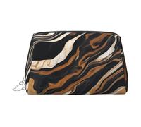 Gold Leather Makeup Bag â€“ Abstract Marble Stone Print Travel Cosmetic Bags with Handle, Divider, Zipper, Portable Personal Toiletries, Silver, One Size