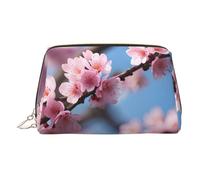 Gold Leather Makeup Bag â€“ beautiful cherry blossoms Print Travel Cosmetic Bags with Handle, Divider, Zipper, Portable Personal Toiletries, Gold, One Size