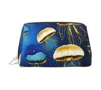 Gold Leather Makeup Bag â€“ Blue and Gold Jellyfish Print Travel Cosmetic Bags with Handle, Divider, Zipper, Portable Personal Toiletries, Silver, One Size
