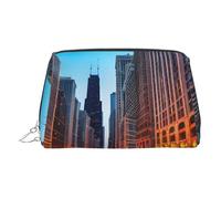 Gold Leather Makeup Bag â€“ Chicago Illinois Usa Print Travel Cosmetic Bags with Handle, Divider, Zipper, Portable Personal Toiletries, Silver, One Size