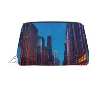 Gold Leather Makeup Bag – Chicago Night Print Travel Cosmetic Bags with Handle, Divider, Zipper, Portable Personal Toiletries, Silver, One Size