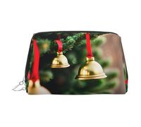 Gold Leather Makeup Bag â€“ Christmas Tree and Bells Print Travel Cosmetic Bags with Handle, Divider, Zipper, Portable Personal Toiletries, Silver, One Size