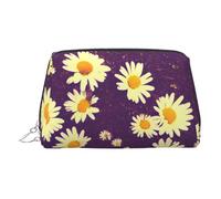 Gold Leather Makeup Bag – Daisy Purple Flowers Print Travel Cosmetic Bags with Handle, Divider, Zipper, Portable Personal Toiletries, Silver, One Size