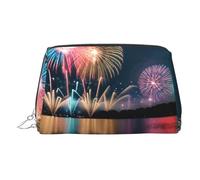 Gold Leather Makeup Bag – Fireworks Print Travel Cosmetic Bags with Handle, Divider, Zipper, Portable Personal Toiletries, Silver, One Size