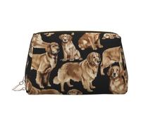 Gold Leather Makeup Bag â€“ Golden Retrievers Print Travel Cosmetic Bags, Organizer with Handle, Portable Personal Toiletries