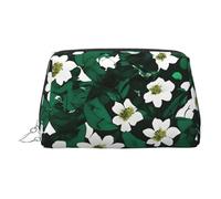 Gold Leather Makeup Bag â€“ Hunter Green Floral Petals Pattern Print Travel Cosmetic Bags with Handle, Divider, Zipper, Portable Personal Toiletries, Silver, One Size
