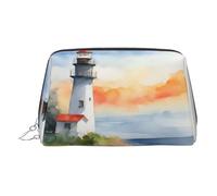 Gold Leather Makeup Bag â€“ Lighthouse Print Travel Cosmetic Bags with Handle, Divider, Zipper, Portable Personal Toiletries, Silver, One Size