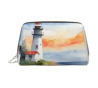 Gold Leather Makeup Bag â€“ Lighthouse Print Travel Cosmetic Bags with Handle, Divider, Zipper, Portable Personal Toiletries, Gold, One Size