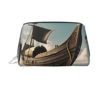 Gold Leather Makeup Bag â€“ Old Viking Boat Print Travel Cosmetic Bags with Handle, Divider, Zipper, Portable Personal Toiletries, Silver, One Size