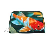 Gold Leather Makeup Bag â€“ Pretty Koi Fish Print Travel Cosmetic Bags with Handle, Divider, Zipper, Portable Personal Toiletries, Silver, One Size