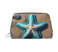 Gold Leather Makeup Bag â€“ Seashells Starfish on Beach Print Travel Cosmetic Bags with Handle, Divider, Zipper, Portable Personal Toiletries, Silver, One Size
