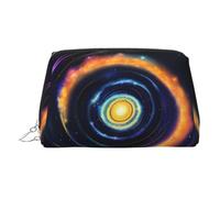 Gold Leather Makeup Bag – Space Spiral Cosmic Energy Print Travel Cosmetic Bags with Handle, Divider, Zipper, Portable Personal Toiletries, Silver, One Size