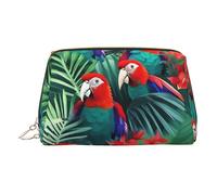 Gold Leather Makeup Bag â€“ Tropical Flower Parrot Print Travel Cosmetic Bags with Handle, Divider, Zipper, Portable Personal Toiletries, Gold, One Size