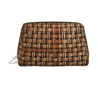 Gold Leather Makeup Bag – Wicker Woven Grid Print Travel Cosmetic Bags with Handle, Divider, Zipper, Portable Personal Toiletries, Gold, One Size