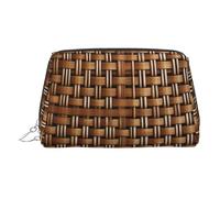 Gold Leather Makeup Bag â€“ Wicker Woven Grid Print Travel Cosmetic Bags with Handle, Divider, Zipper, Portable Personal Toiletries, Silver, One Size