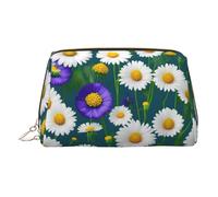 Gold Leather Makeup Bag – Wild Flowers and Daisies Print Travel Cosmetic Bags with Handle, Divider, Zipper, Portable Personal Toiletries, Gold, One Size