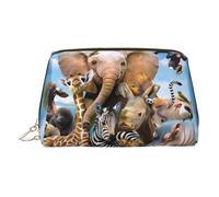 Gold Leather Makeup Bag - African Animals Print Travel Cosmetic Bags for Women, Small Organizer with Handle, Zipper Pouch