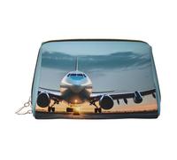 Gold Leather Makeup Bag - Airplane in The Evening Light Print Travel Cosmetic Bags for Women Zipper, Ideal Gifts for Travelers
