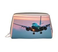 Gold Leather Makeup Bag - Airplane in The Evening Lights Print Travel Cosmetic Bags for Women Zipper, Ideal Gifts for Travelers